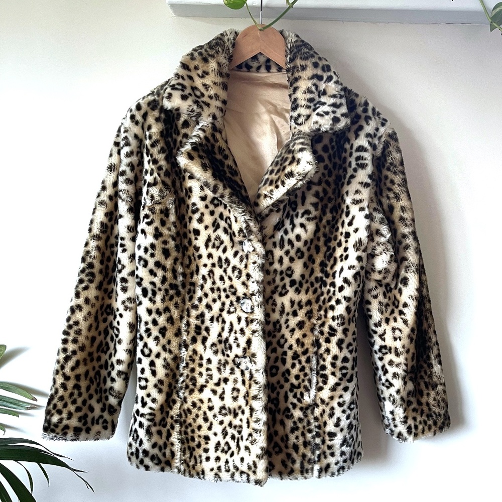 90s Vintage Leopard Faux Fur Coat